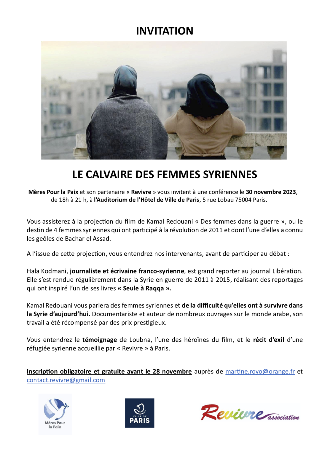 Conférence « Le calvaire des femmes syriennes » – Association revivre